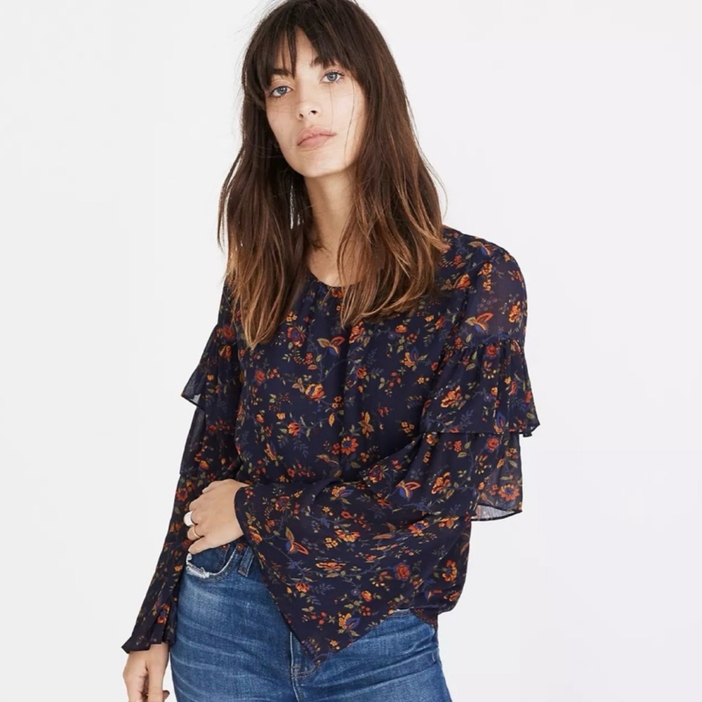 Madewell Ruffle-Sleeve Top Blouse in Climbing Vine Navy Blue Floral Size Medium